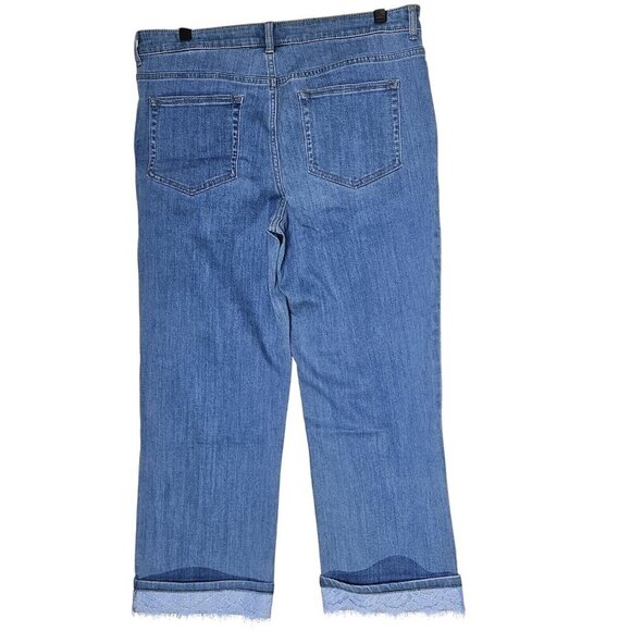 Lori Goldstein Womens Mid Rise Straight Leg Jeans Cropped 12 Lace Hem Blue Denim - Picture 2 of 13